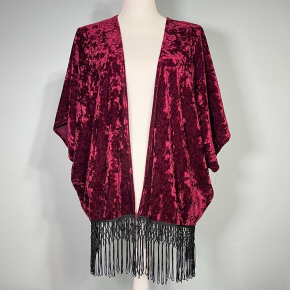 Vintage Y2K Wet Seal Burgundy Crushed Velvet Fringe Open Jacket Boho Chic Party - Picture 1 of 10